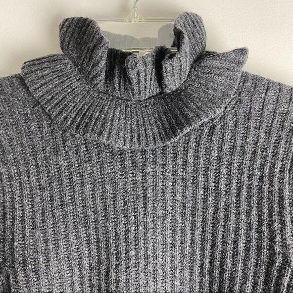 GANNI Rib Ruffle Trim Turtleneck Sweater Gray Wool Open Back Large - Picture 14 of 15